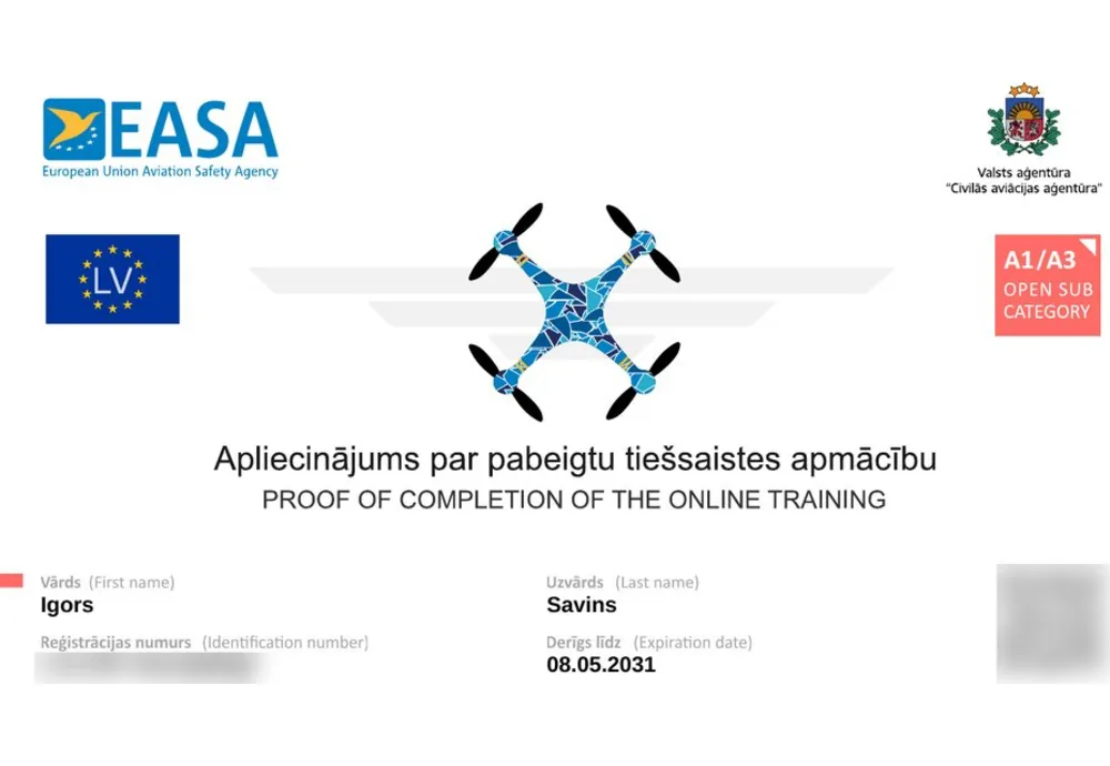 EASA A1/A3 Open Subcategory — online training completed